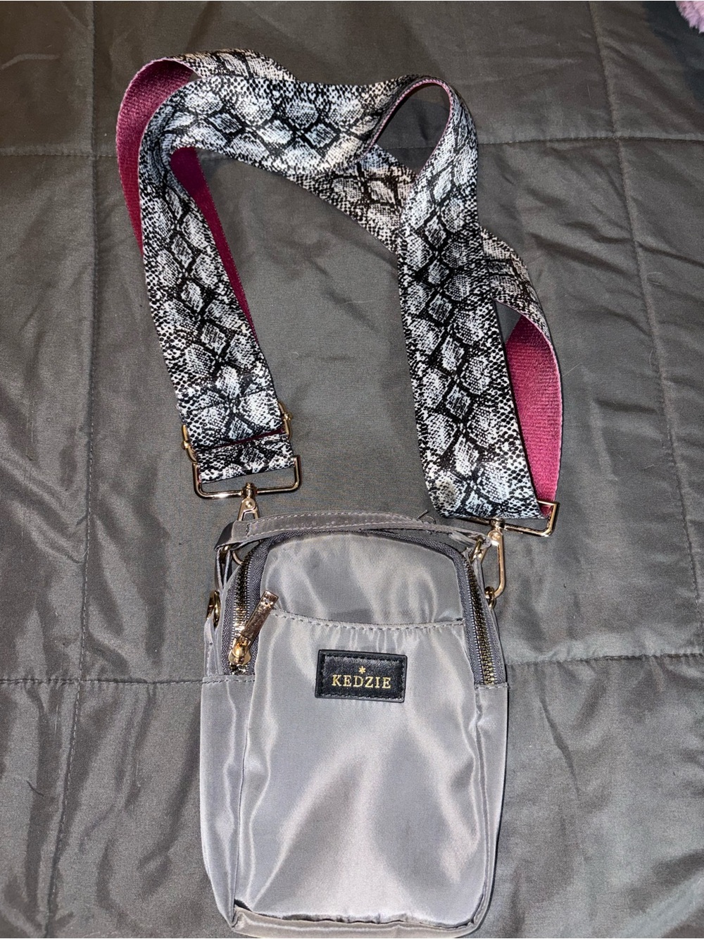 Women's Gray Crossbody Bag with Snake-Print Strap